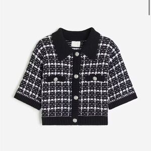 H&M Black and White Short Sleeve Tweed Cardigan